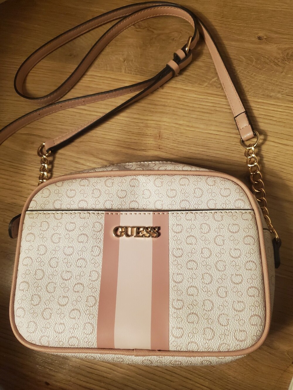 GUESS Pink Stripe Logo Crossbody Bag-Pre-Owned In Good Condition